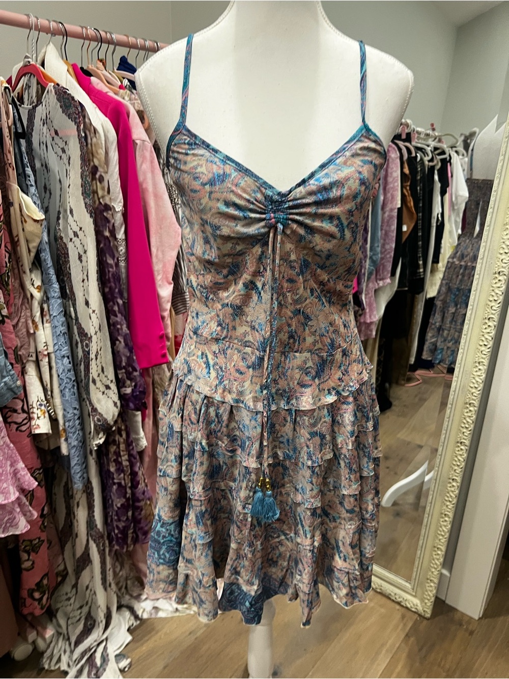 Floral Tie-Front Tiered Mini Dress in Blue and Cream